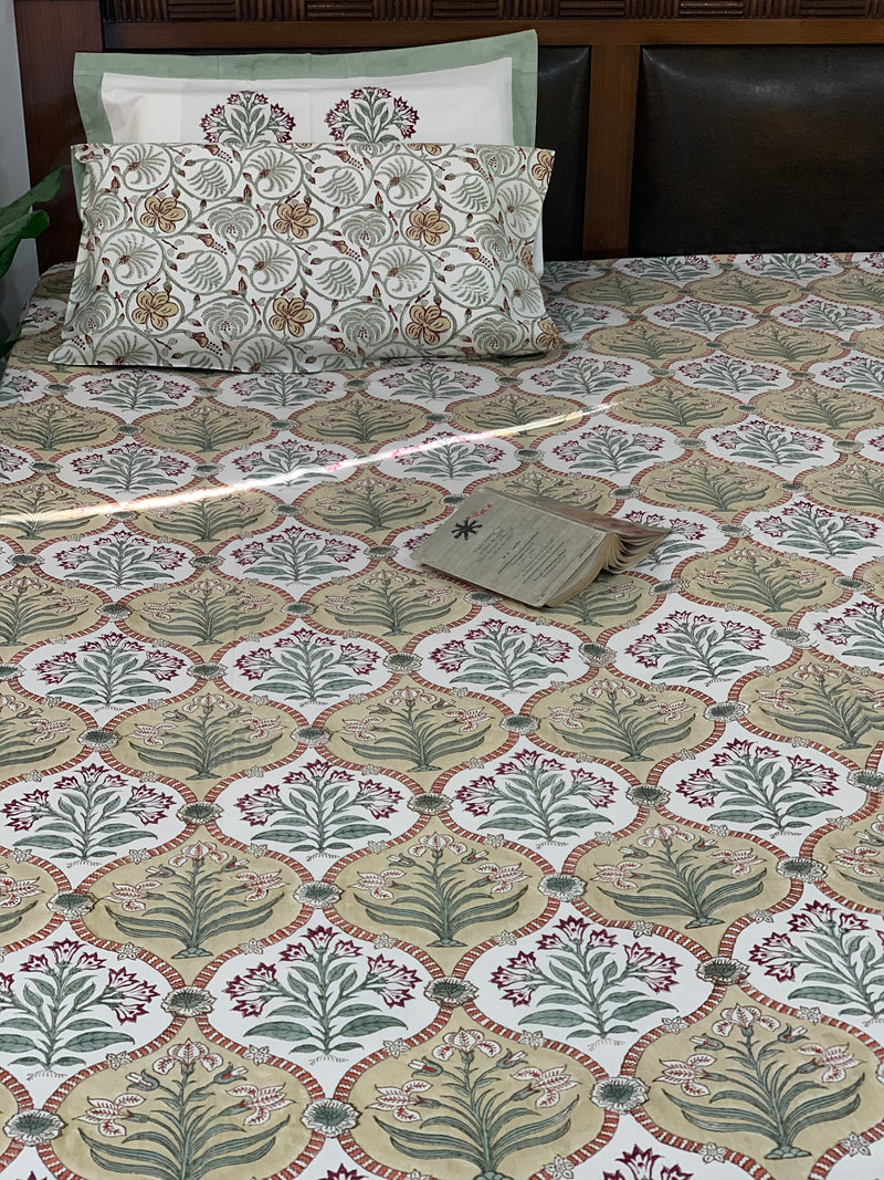 Off white Cotton block printed Double bedsheet