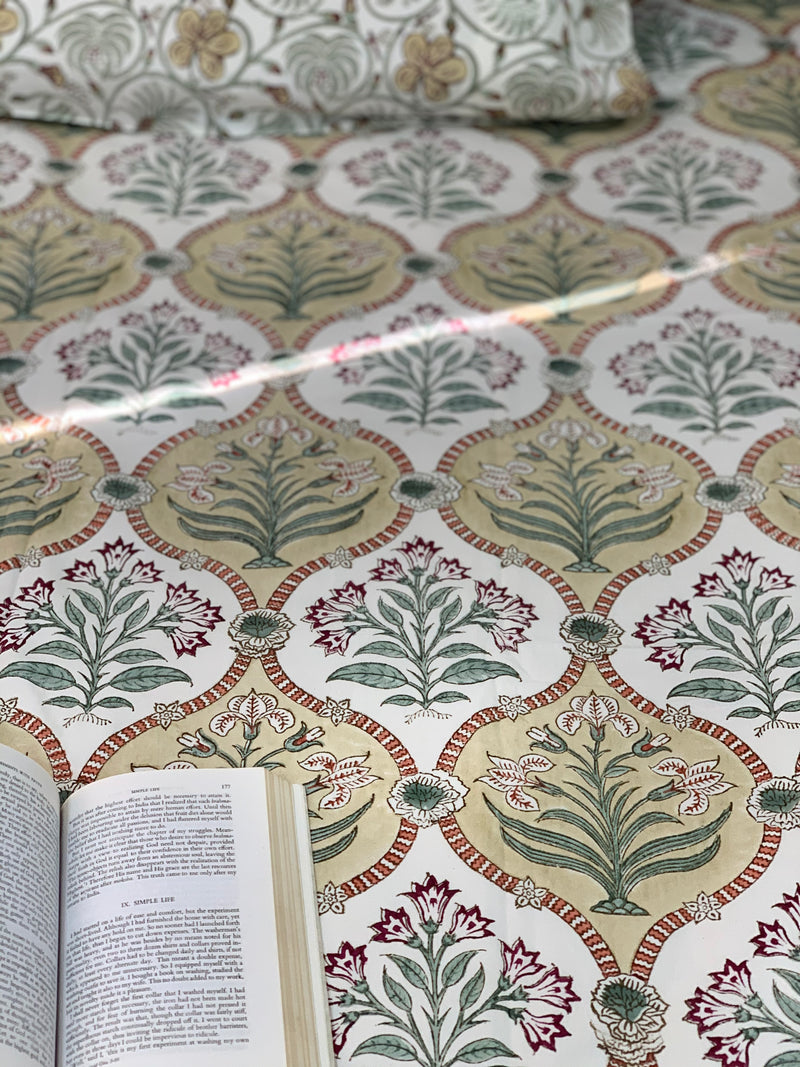 Off white Cotton block printed Double bedsheet
