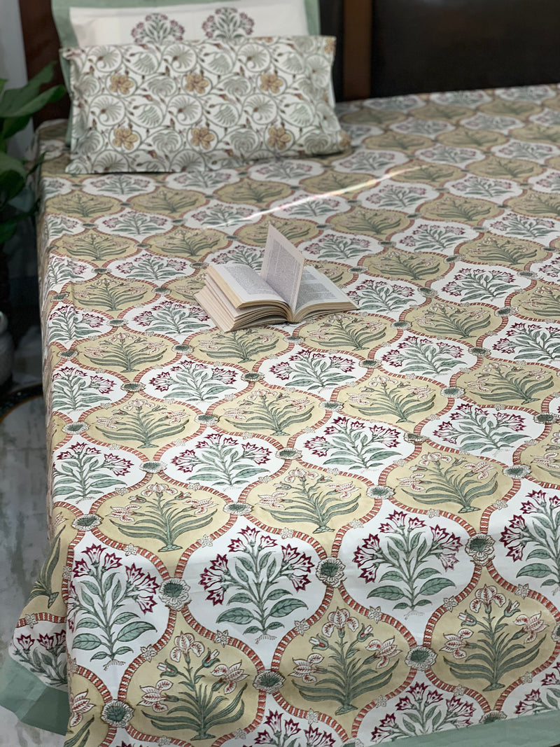 Off white Cotton block printed Double bedsheet