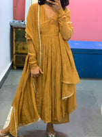Mustard Yello chanderi Angrakha with churi sleeves Set of 3