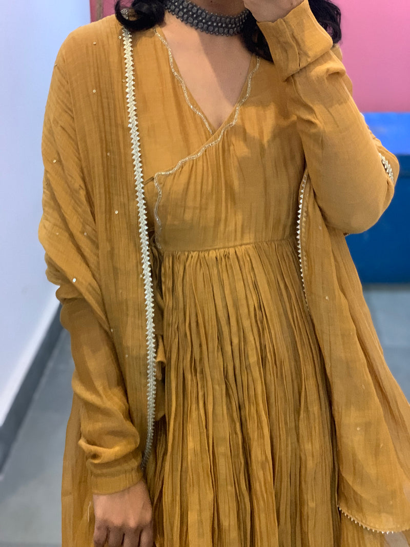 Mustard Yello chanderi Angrakha with churi sleeves Set of 3