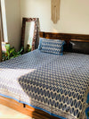 White Blue cotton block printed double bedsheet