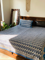 White Blue cotton block printed double bedsheet