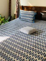 White Blue cotton block printed double bedsheet
