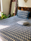 White Blue cotton block printed double bedsheet