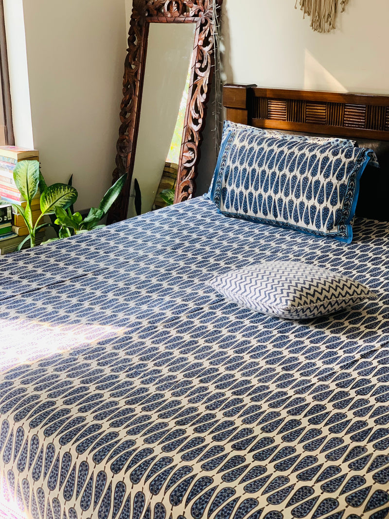 White Blue cotton block printed double bedsheet