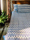 White Blue cotton block printed double bedsheet