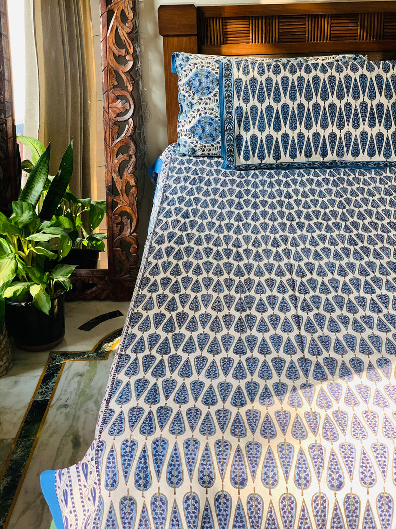 White Blue cotton block printed double bedsheet