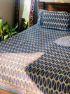 White Blue cotton block printed double bedsheet