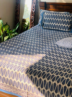 White Blue cotton block printed double bedsheet