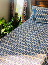 White Blue cotton block printed double bedsheet