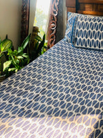 White Blue cotton block printed double bedsheet