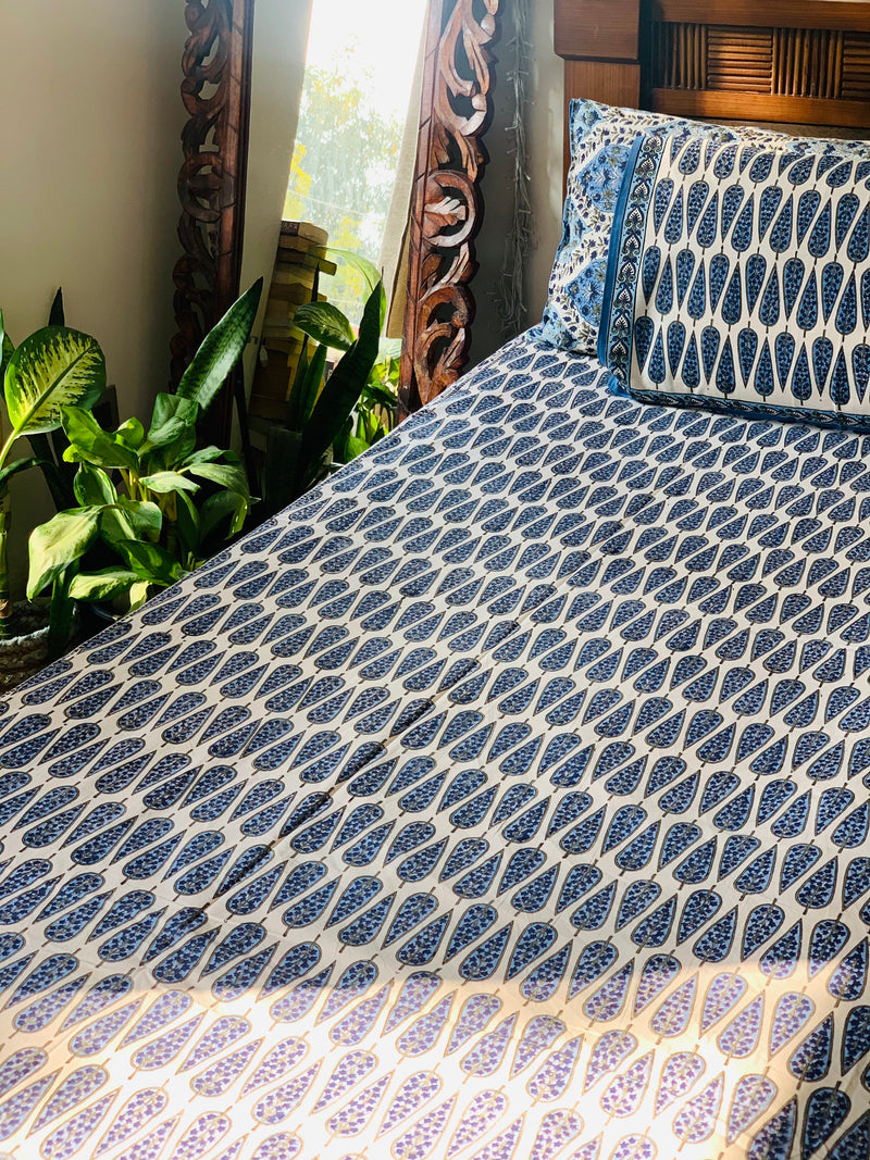 White Blue cotton block printed double bedsheet