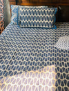White Blue cotton block printed double bedsheet