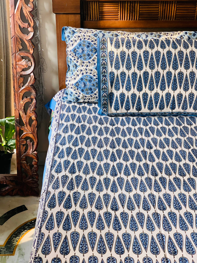 White Blue cotton block printed double bedsheet