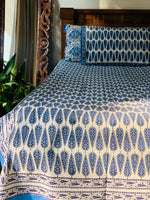 White Blue cotton block printed double bedsheet