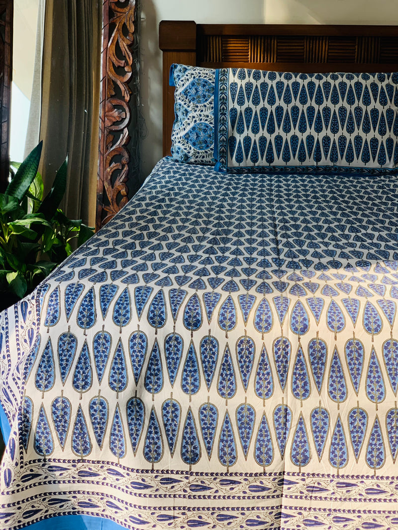 White Blue cotton block printed double bedsheet