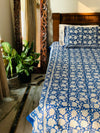Blue cotton block printed double bedsheet