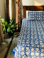Blue cotton block printed double bedsheet