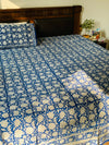Blue cotton block printed double bedsheet