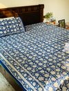 Blue cotton block printed double bedsheet