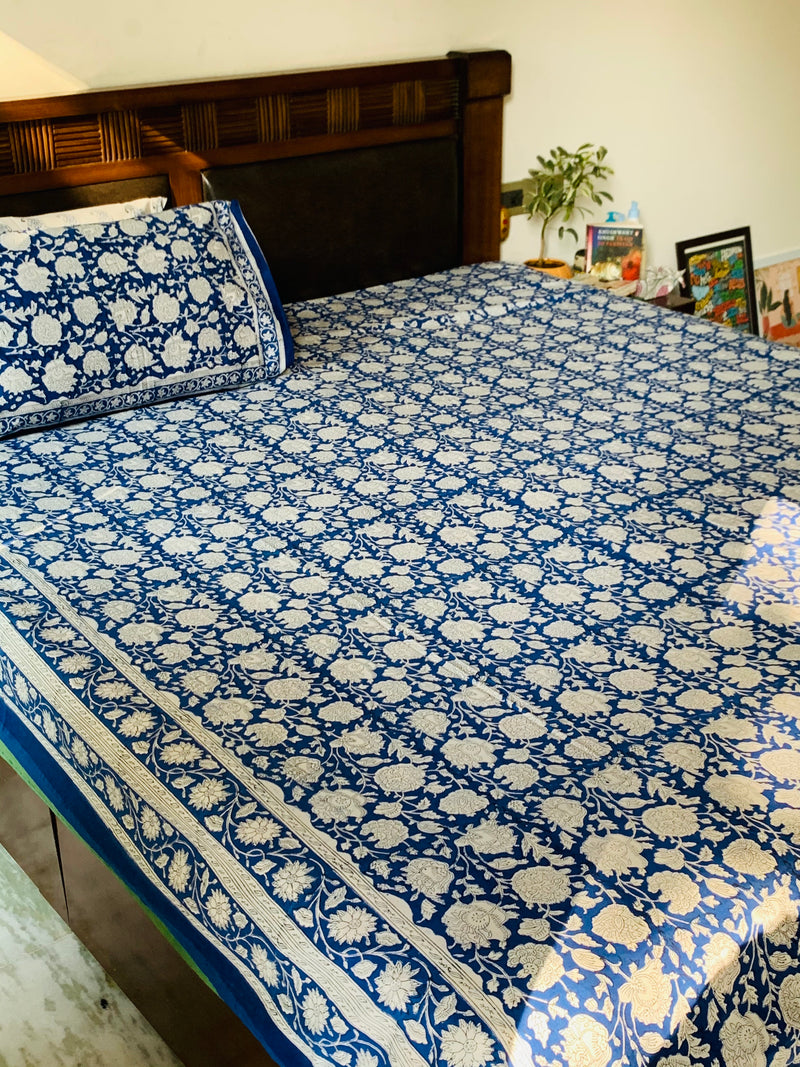 Blue cotton block printed double bedsheet