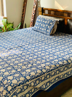 Blue cotton block printed double bedsheet