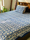 Blue cotton block printed double bedsheet