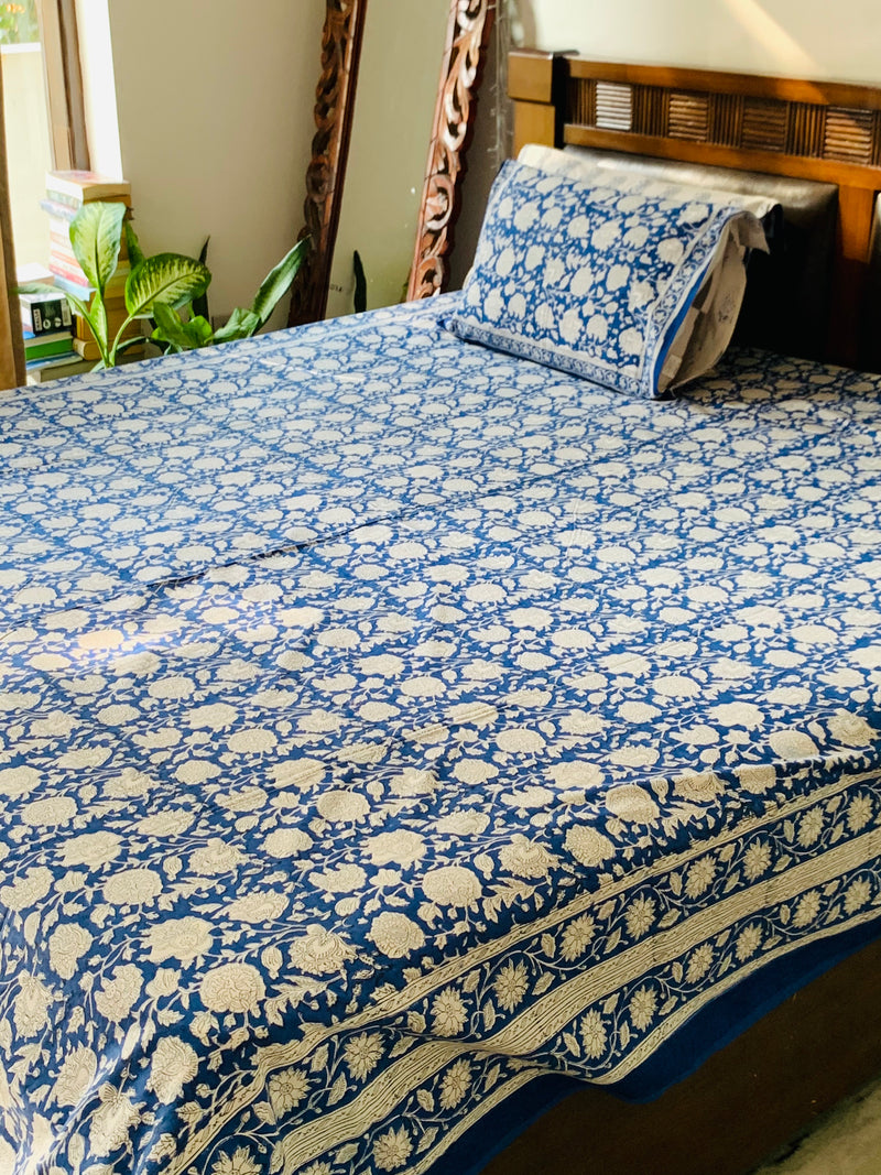 Blue cotton block printed double bedsheet