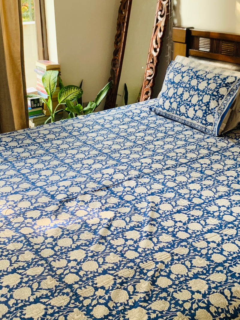 Blue cotton block printed double bedsheet