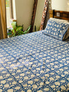 Blue cotton block printed double bedsheet