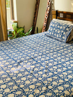 Blue cotton block printed double bedsheet
