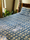 Blue cotton block printed double bedsheet