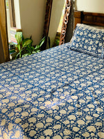 Blue cotton block printed double bedsheet