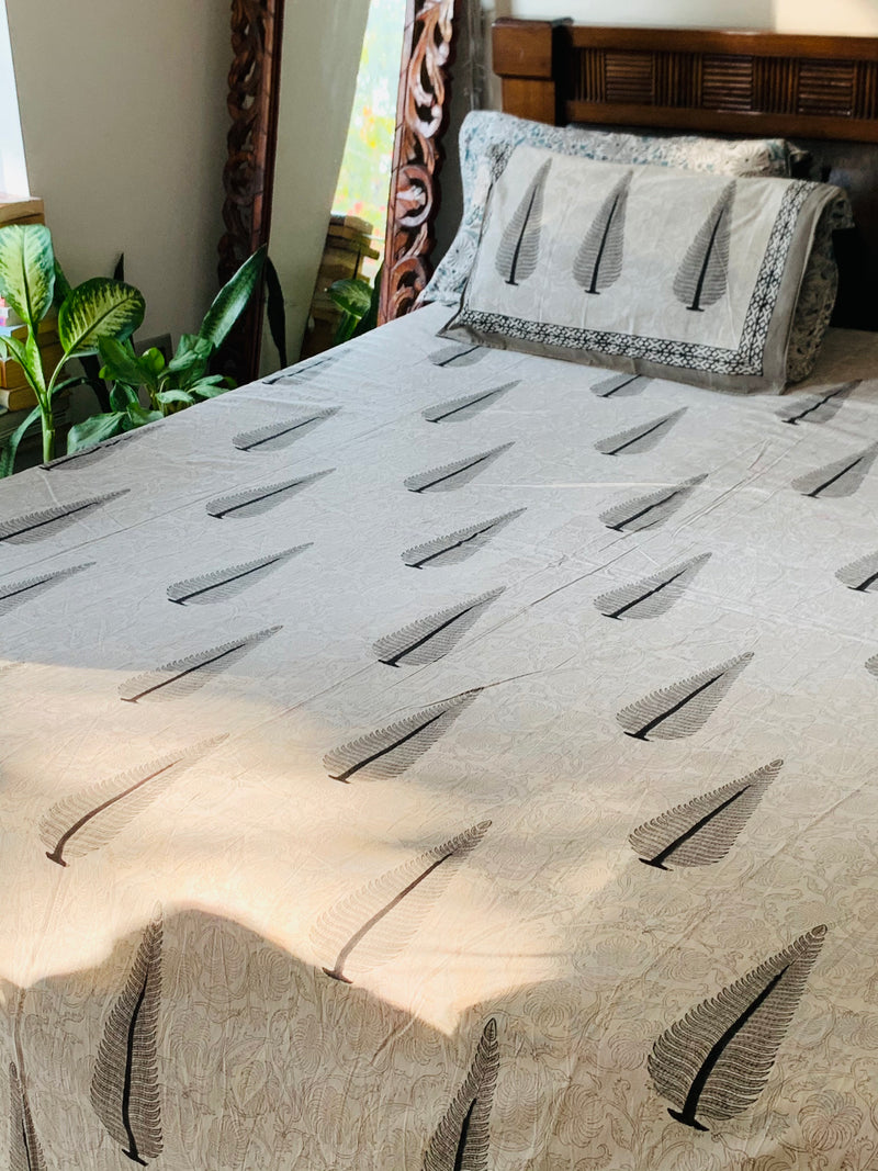 White Grey cotton block printed double bedsheet