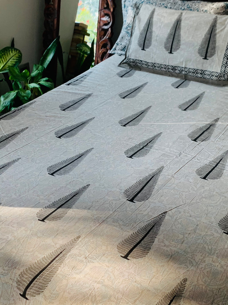 White Grey cotton block printed double bedsheet