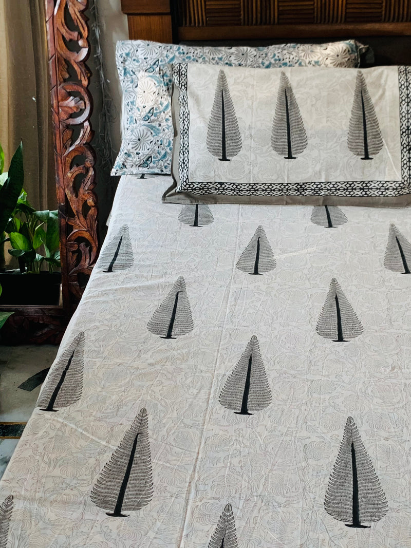 White Grey cotton block printed double bedsheet