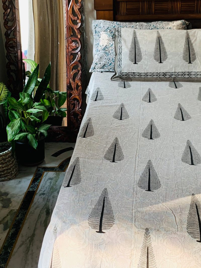 White Grey cotton block printed double bedsheet