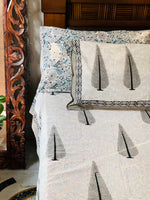 White Grey cotton block printed double bedsheet