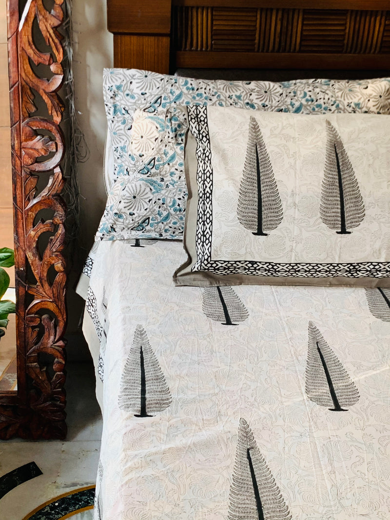 White Grey cotton block printed double bedsheet