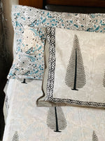 White Grey cotton block printed double bedsheet