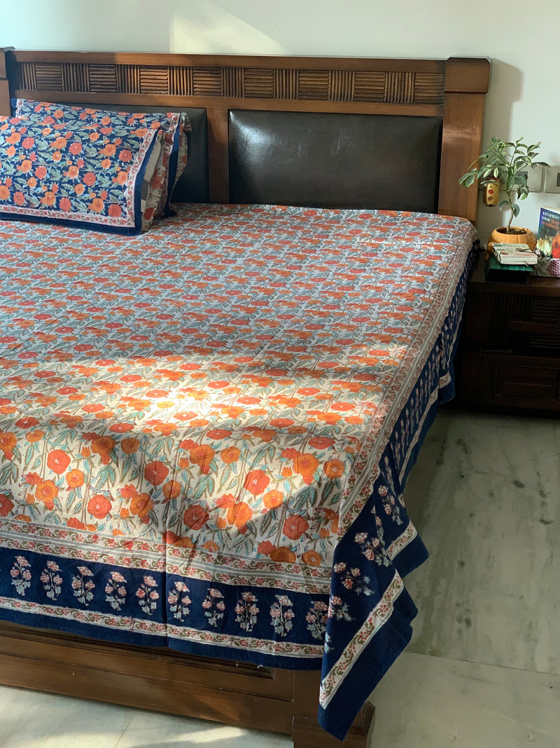 e Blue cotton block printed double bedsheet