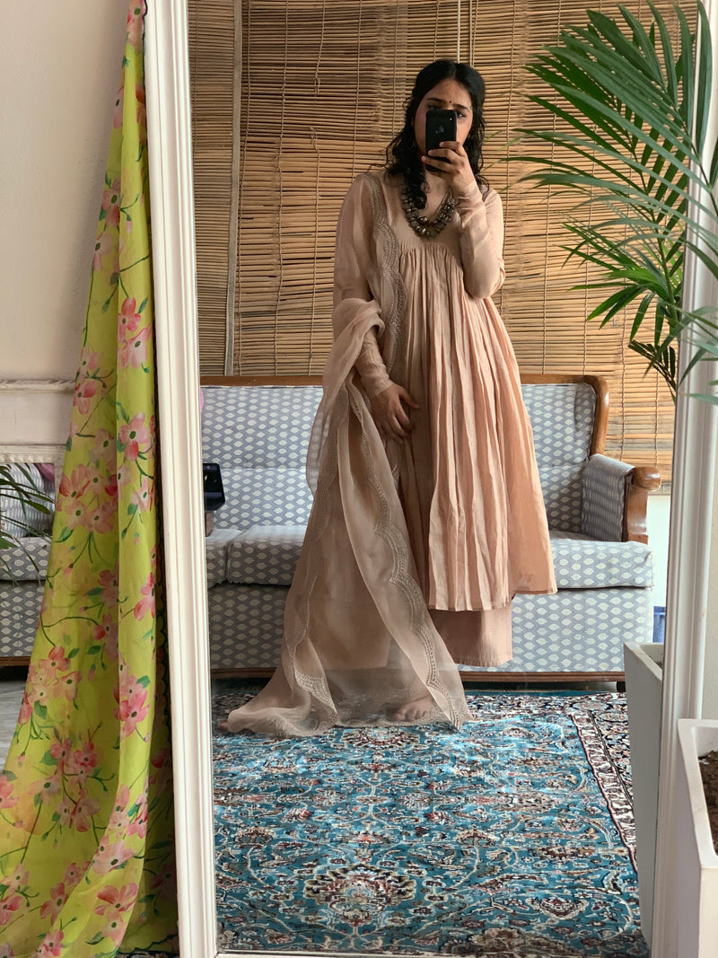 Beige anarkali with Embroidered dupatta set of 3