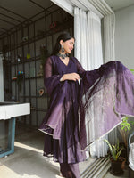 Purple chanderi anarkali with churi sleeves Set of 3