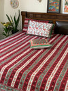 Deep Red strip cotton block printed double bedsheet