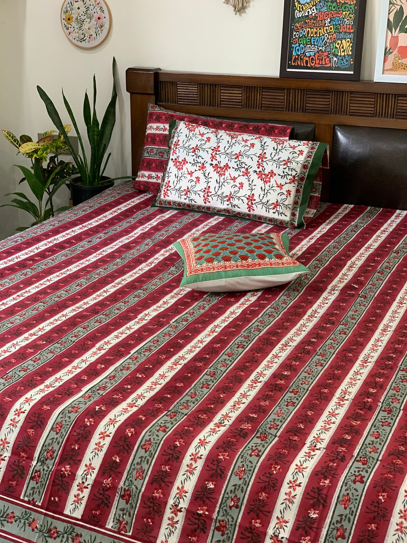 Deep Red strip cotton block printed double bedsheet