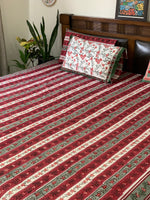 Deep Red strip cotton block printed double bedsheet