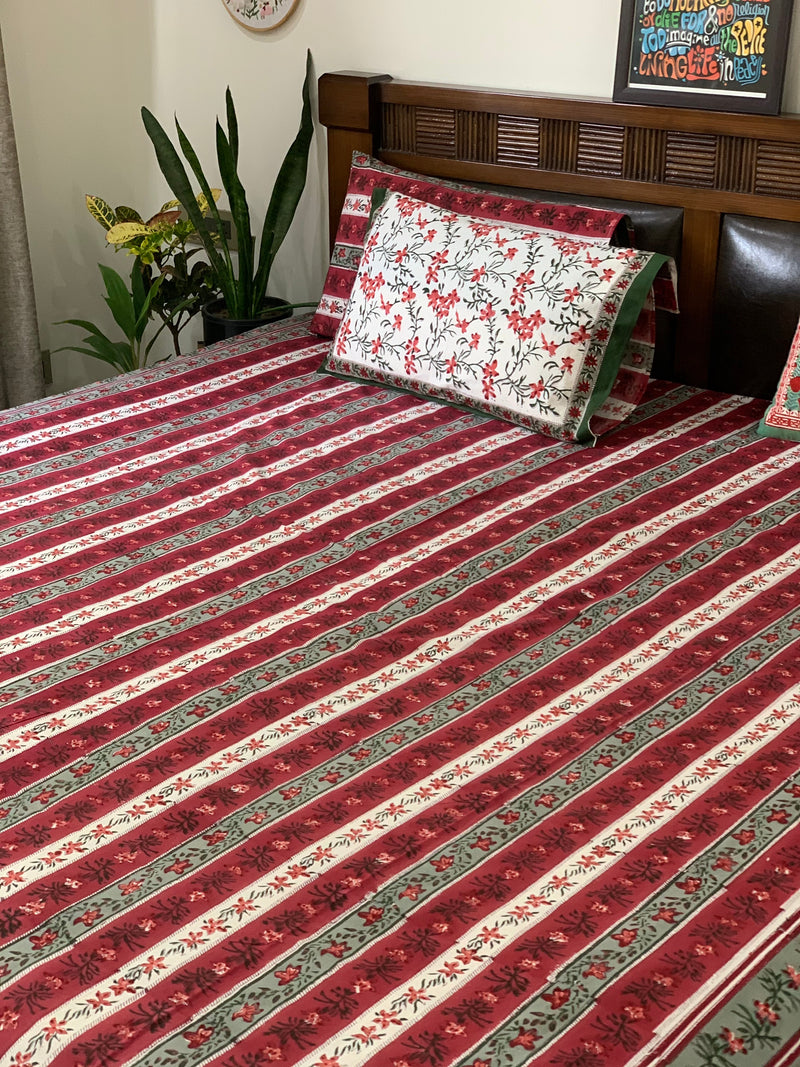 Deep Red strip cotton block printed double bedsheet