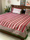 Deep Red strip cotton block printed double bedsheet