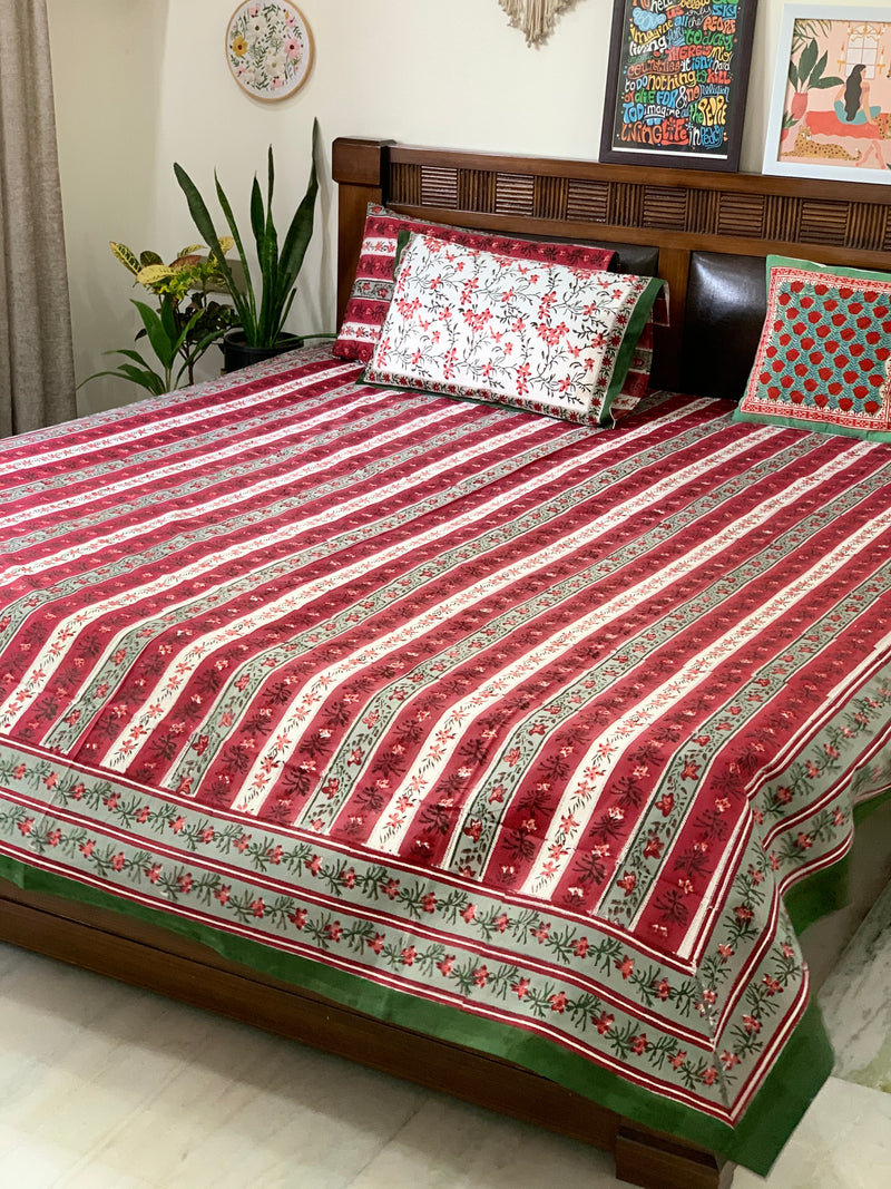 Deep Red strip cotton block printed double bedsheet